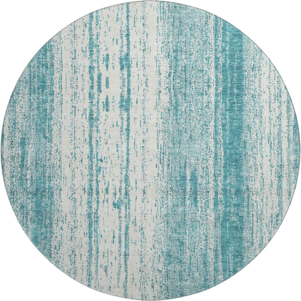 HomeRoots 8' Teal and Ivory Striped Round Rug - Washable, UV Protected, Durable for Indoor & Outdoor Use 668376