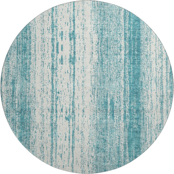 HomeRoots 8' Teal and Ivory Striped Round Rug - Washable, UV Protected, Durable for Indoor & Outdoor Use 668376