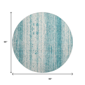 HomeRoots 8' Teal and Ivory Striped Round Rug - Washable, UV Protected, Durable for Indoor & Outdoor Use 668376