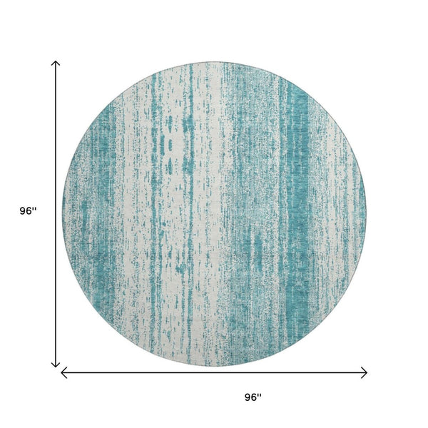 HomeRoots 8' Teal and Ivory Striped Round Rug - Washable, UV Protected, Durable for Indoor & Outdoor Use 668376