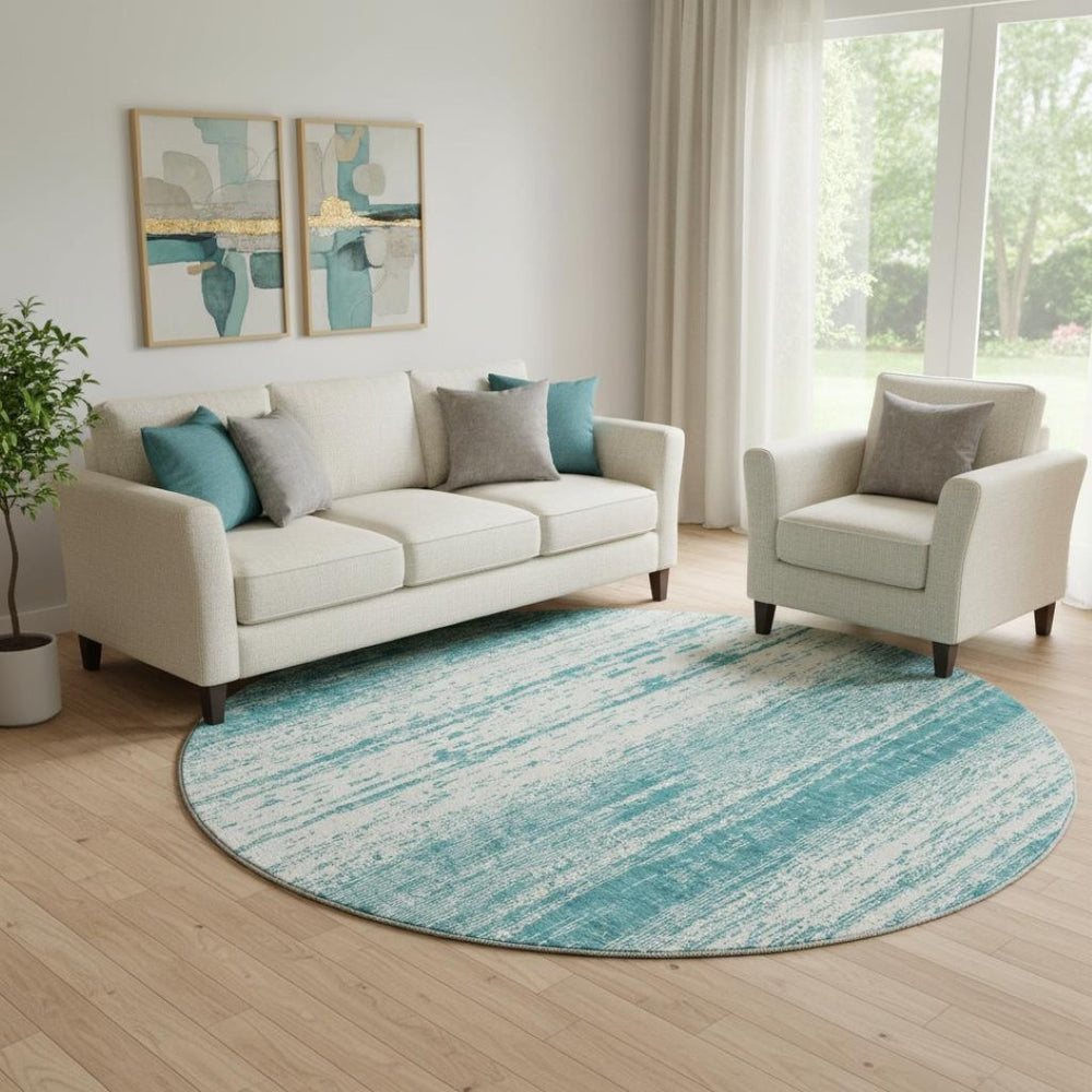 HomeRoots 8' Teal and Ivory Striped Round Rug - Washable, UV Protected, Durable for Indoor & Outdoor Use 668376