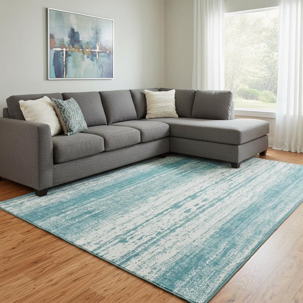 HomeRoots 8' X 10' Teal and Ivory Striped Area Rug - Durable, Washable, UV Protected for Indoor/Outdoor Use 668377