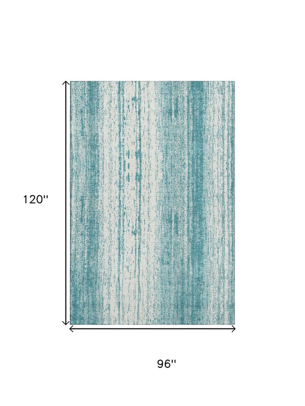 HomeRoots 8' X 10' Teal and Ivory Striped Area Rug - Durable, Washable, UV Protected for Indoor/Outdoor Use 668377