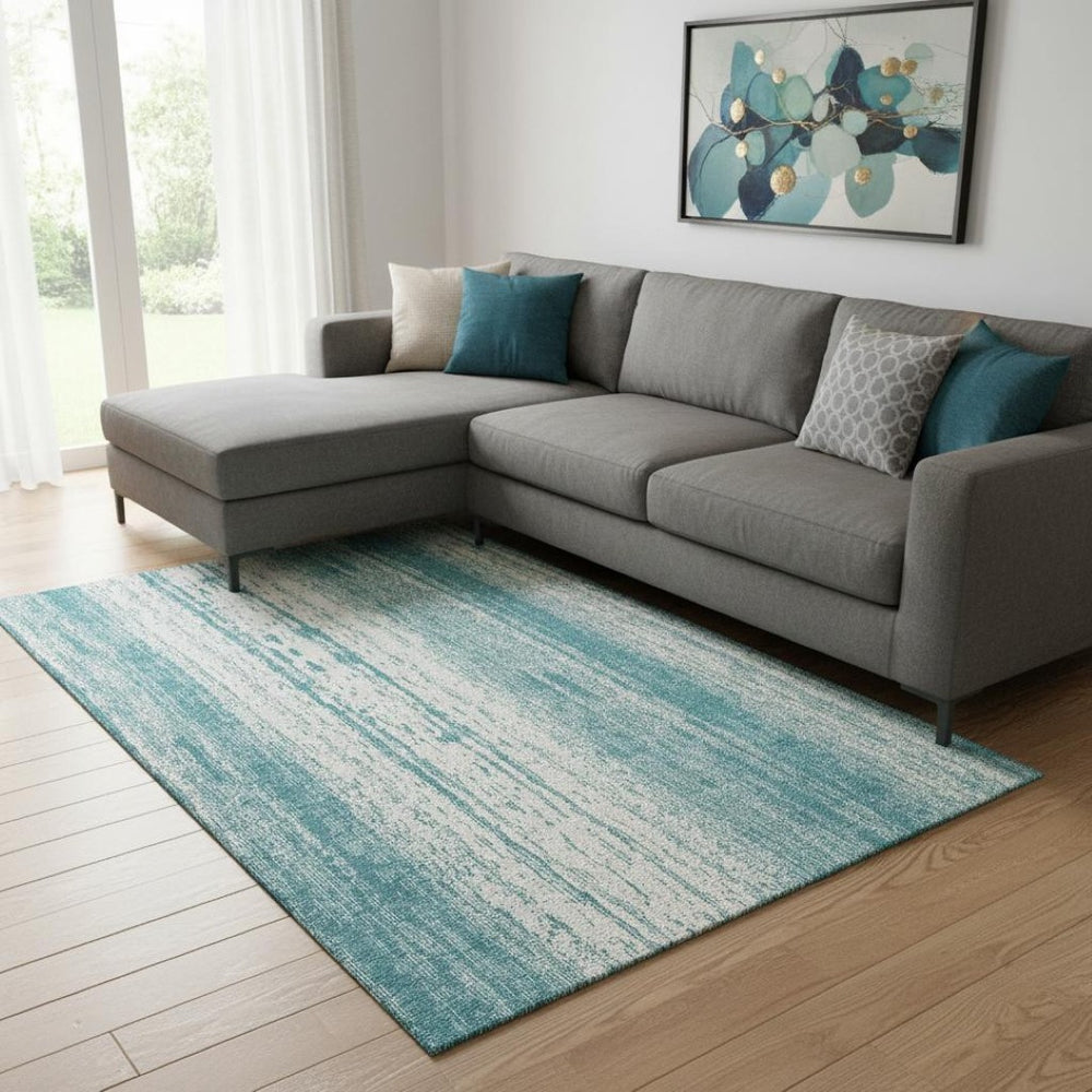 HomeRoots 9' X 12' Teal And Ivory Striped Washable Area Rug - Durable, UV-Protected, Pet-Friendly Style Essential 668378