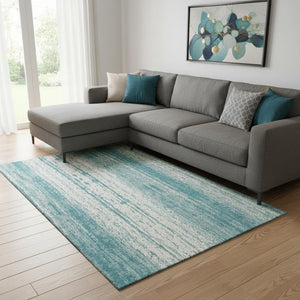 HomeRoots 9' X 12' Teal And Ivory Striped Washable Area Rug - Durable, UV-Protected, Pet-Friendly Style Essential 668378