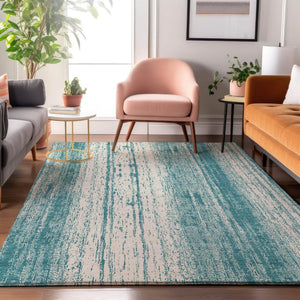 HomeRoots 9' X 12' Teal And Ivory Striped Washable Area Rug - Durable, UV-Protected, Pet-Friendly Style Essential 668378