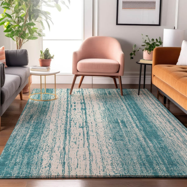 HomeRoots 9' X 12' Teal And Ivory Striped Washable Area Rug - Durable, UV-Protected, Pet-Friendly Style Essential 668378