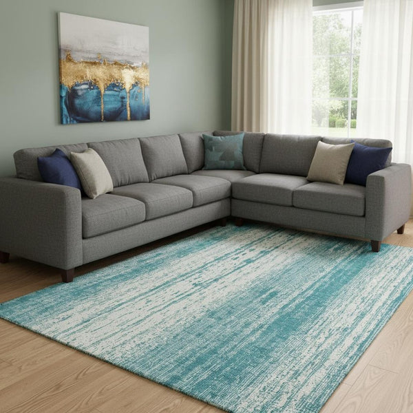 HomeRoots 10' X 14' Coastal-Inspired Teal and Ivory Striped Rug - Stain-Resistant, UV Protected for Living Spaces 668379