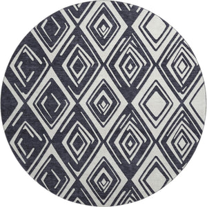 HomeRoots 8' Black and Ivory Geometric Round Rug - Washable, UV-Protected, Stain-Resistant for Modern Spaces 668382