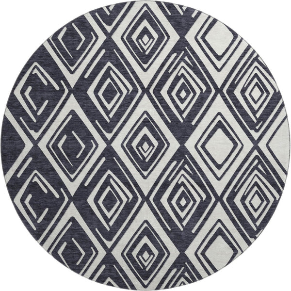 HomeRoots 8' Black and Ivory Geometric Round Rug - Washable, UV-Protected, Stain-Resistant for Modern Spaces 668382