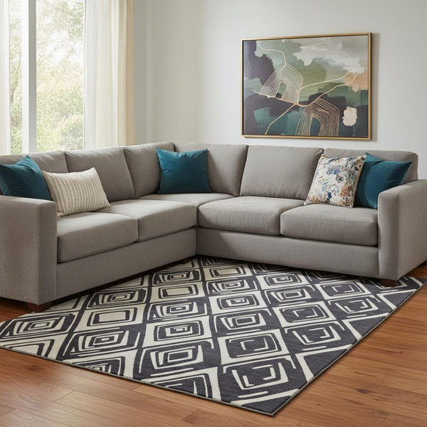 HomeRoots 10' Geometric Black and Ivory Washable Area Rug for High-Traffic Homes with UV Protection & Durability 668385