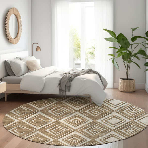 HomeRoots 8' Geometric Washable Round Rug in Brown & Beige - Durable, UV Protected, Perfect for High-Traffic Areas 668388