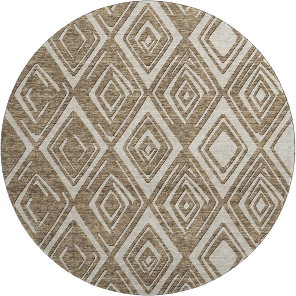 HomeRoots 8' Geometric Washable Round Rug in Brown & Beige - Durable, UV Protected, Perfect for High-Traffic Areas 668388