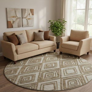 HomeRoots 8' Geometric Washable Round Rug in Brown & Beige - Durable, UV Protected, Perfect for High-Traffic Areas 668388