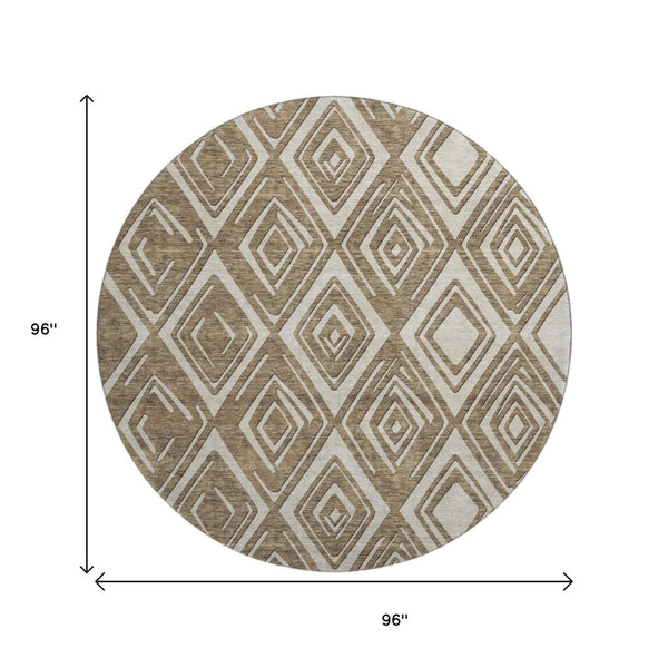 HomeRoots 8' Geometric Washable Round Rug in Brown & Beige - Durable, UV Protected, Perfect for High-Traffic Areas 668388