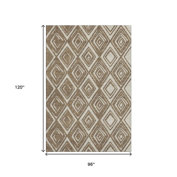 HomeRoots 8' X 10' Brown and Beige Geometric Area Rug - Washable, UV-Protected, Modern Design for Comfort 668389