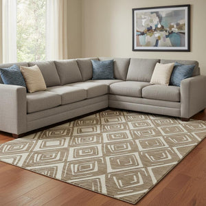 HomeRoots 8' X 10' Brown and Beige Geometric Area Rug - Washable, UV-Protected, Modern Design for Comfort 668389