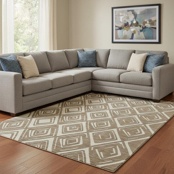 HomeRoots 8' X 10' Brown and Beige Geometric Area Rug - Washable, UV-Protected, Modern Design for Comfort 668389