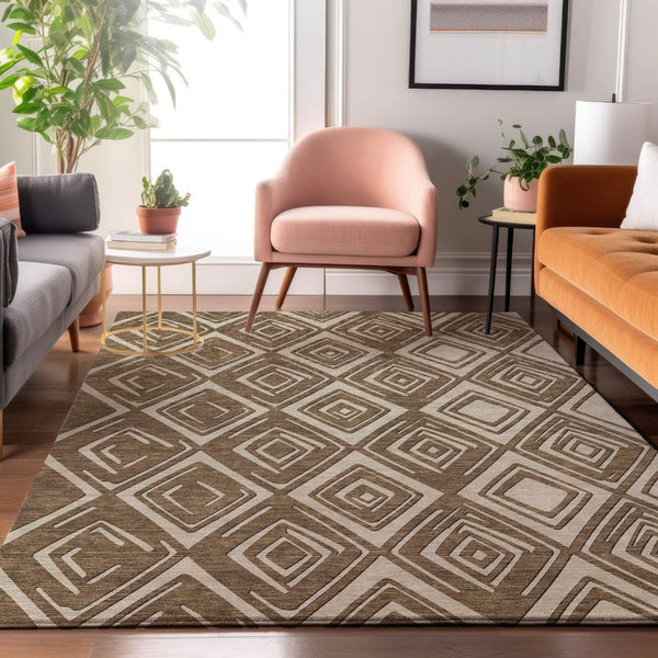 HomeRoots 8' X 10' Brown and Beige Geometric Area Rug - Washable, UV-Protected, Modern Design for Comfort 668389