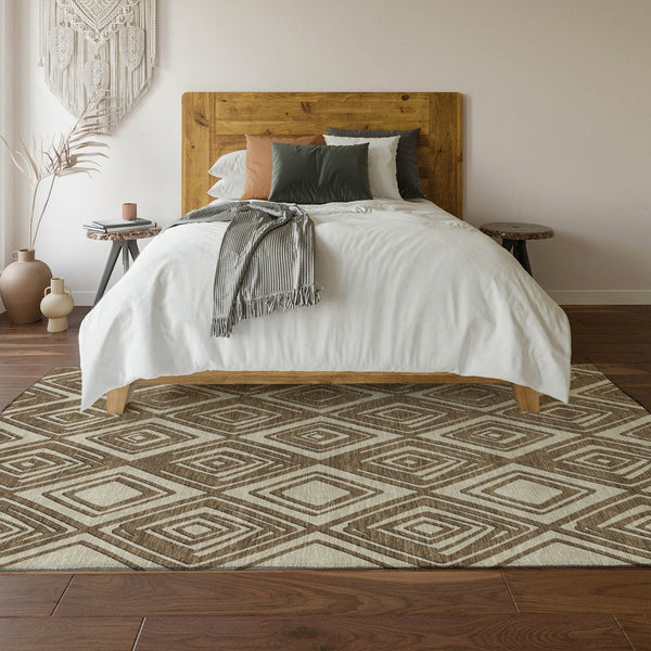 HomeRoots 8' X 10' Brown and Beige Geometric Area Rug - Washable, UV-Protected, Modern Design for Comfort 668389