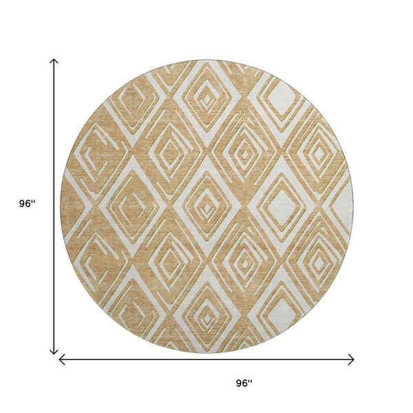 HomeRoots 8' Gold And Ivory Geometric Round Rug - Durable, Washable, UV Protected for Modern Homes & Patios 668394