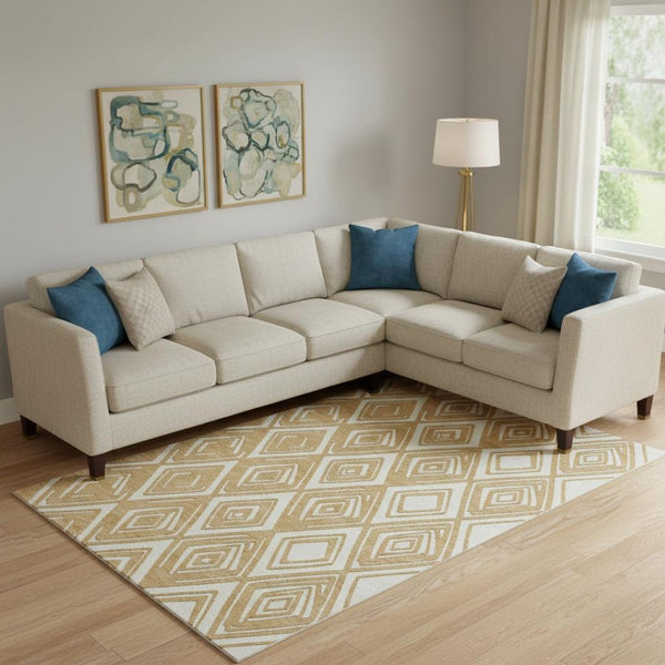 HomeRoots 8' X 10' Gold and Ivory Geometric Area Rug - Washable, UV-Protected, Stylish for High-Traffic Spaces 668395