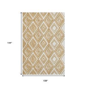 HomeRoots 9' X 12' Gold and Ivory Geometric Washable Area Rug – Durable, Stylish, UV-Protected for Busy Homes 668396