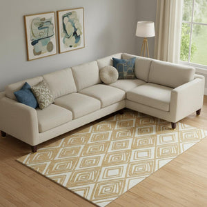 HomeRoots 9' X 12' Gold and Ivory Geometric Washable Area Rug – Durable, Stylish, UV-Protected for Busy Homes 668396