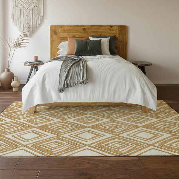 HomeRoots 9' X 12' Gold and Ivory Geometric Washable Area Rug – Durable, Stylish, UV-Protected for Busy Homes 668396