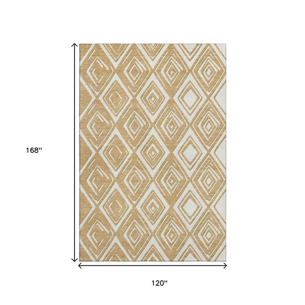 HomeRoots 10' X 14' Gold and Ivory Geometric Area Rug - Washable, UV Protected, Stylish, and Durable Design 668397