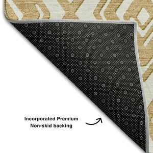 HomeRoots 10' X 14' Gold and Ivory Geometric Area Rug - Washable, UV Protected, Stylish, and Durable Design 668397