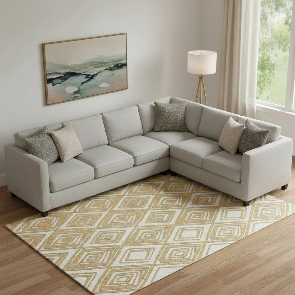 HomeRoots 10' X 14' Gold and Ivory Geometric Area Rug - Washable, UV Protected, Stylish, and Durable Design 668397