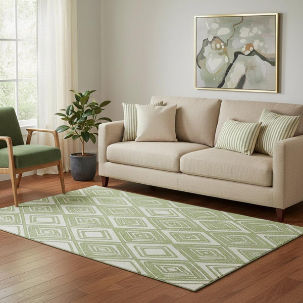 HomeRoots 5' X 8' Green and Ivory Geometric Area Rug – Washable, UV Protected, Stylish for Kids & Pets! 668399