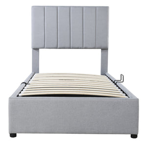 English Elm Twin Upholstered Hydraulic Storage Bed with Vertical Stripe Headboard, Space-Saving Modern Platform Gray SF000185AAE