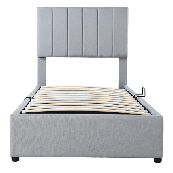 English Elm Twin Upholstered Hydraulic Storage Bed with Vertical Stripe Headboard, Space-Saving Modern Platform Gray SF000185AAE