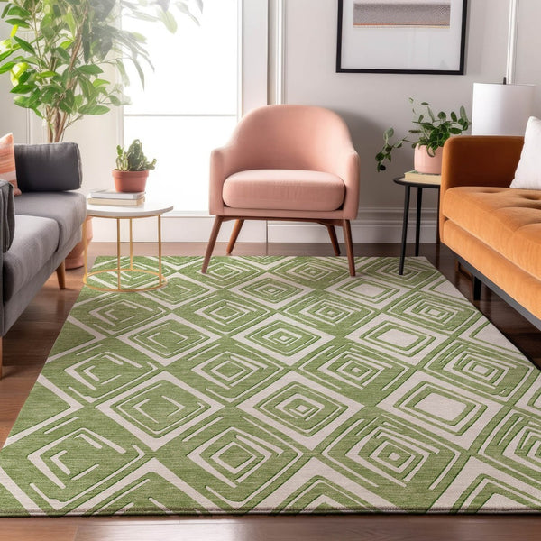 HomeRoots 8' X 10' Geometric Area Rug in Green & Ivory – Washable, UV Protected, Durable for Family Spaces! 668401
