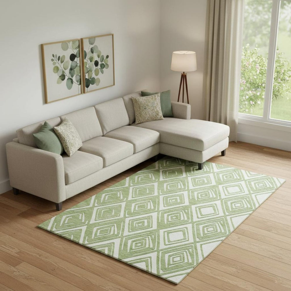 HomeRoots 8' X 10' Geometric Area Rug in Green & Ivory – Washable, UV Protected, Durable for Family Spaces! 668401