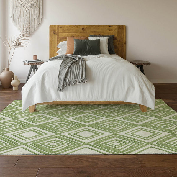 HomeRoots 9' X 12' Modern Green and Ivory Geometric Area Rug - Washable, Stain Resistant, UV Protected Design 668402