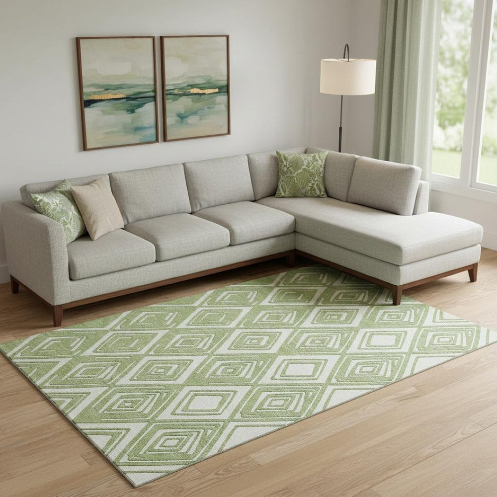 HomeRoots 10' X 14' Green and Ivory Geometric Area Rug – Washable, UV-Protected, Durable for High-Traffic Spaces! 668403
