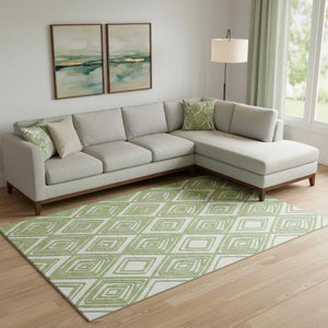 HomeRoots 10' X 14' Green and Ivory Geometric Area Rug – Washable, UV-Protected, Durable for High-Traffic Spaces! 668403