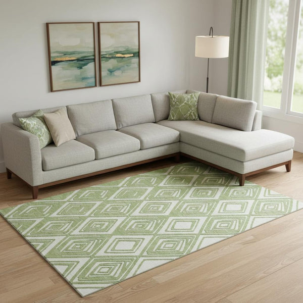 HomeRoots 10' X 14' Green and Ivory Geometric Area Rug – Washable, UV-Protected, Durable for High-Traffic Spaces! 668403