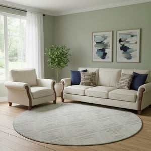 HomeRoots 8' Ivory and Beige Geometric Round Rug – Washable, UV-Protected, Perfect for Family Spaces! 668406