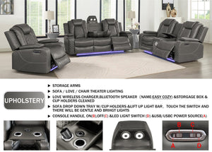 English Elm Violetglow Reclining Sofa with Led Lighting Wireless Charging and Bluetooth Speakers Grey B2730S00035
