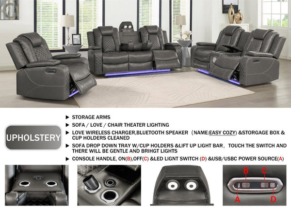 English Elm Violetglow Reclining Sofa with Led Lighting Wireless Charging and Bluetooth Speakers Grey B2730S00035