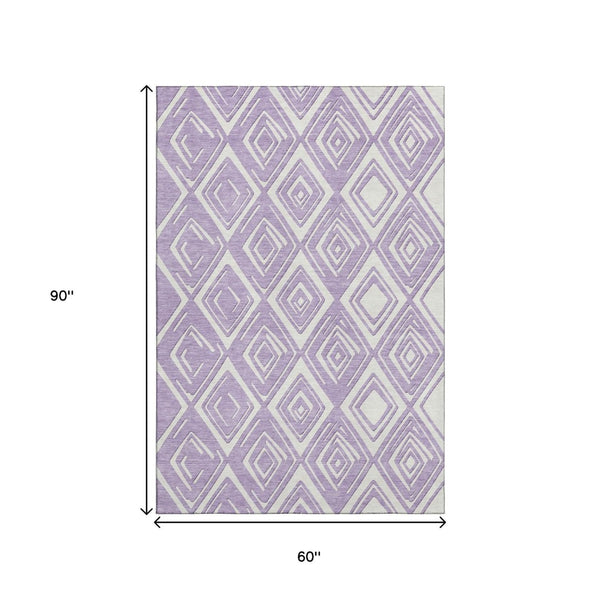 HomeRoots 5' X 8' Lavender & Ivory Geometric Area Rug - Washable, UV Protected, Soft, Durable for Modern Homes 668411