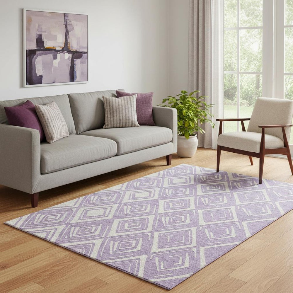 HomeRoots 5' X 8' Lavender & Ivory Geometric Area Rug - Washable, UV Protected, Soft, Durable for Modern Homes 668411