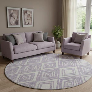 HomeRoots 8' Lavender and Ivory Geometric Round Rug - Washable, UV-Protected, Perfect for High-Traffic Areas! 668412