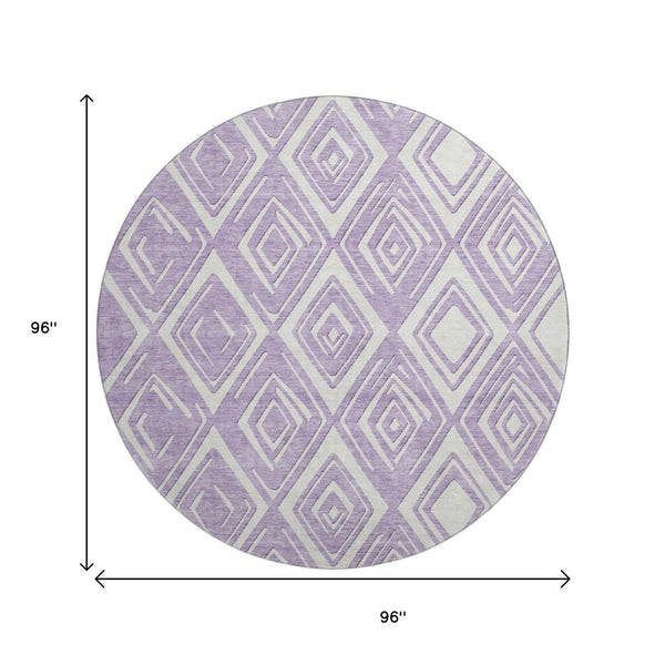 HomeRoots 8' Lavender and Ivory Geometric Round Rug - Washable, UV-Protected, Perfect for High-Traffic Areas! 668412