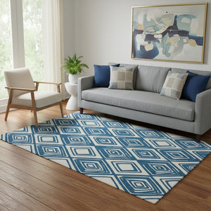 HomeRoots 5' X 8' Navy Blue and Ivory Geometric Area Rug - Soft, Durable, Stain-Resistant with UV Protection! 668417
