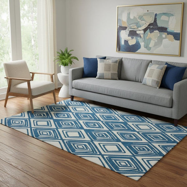HomeRoots 5' X 8' Navy Blue and Ivory Geometric Area Rug - Soft, Durable, Stain-Resistant with UV Protection! 668417